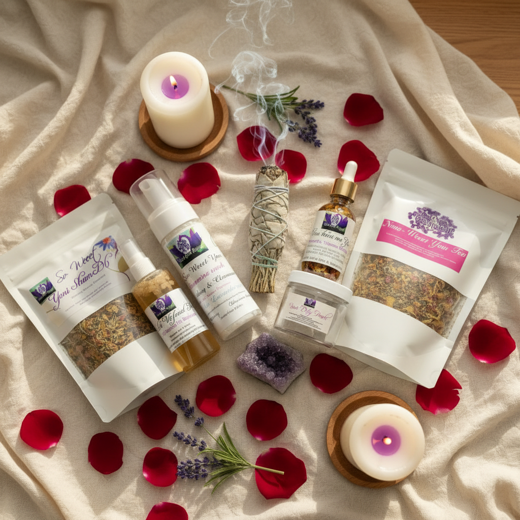 Self-care flat lay with yoni wellness products, crystals and rose petals