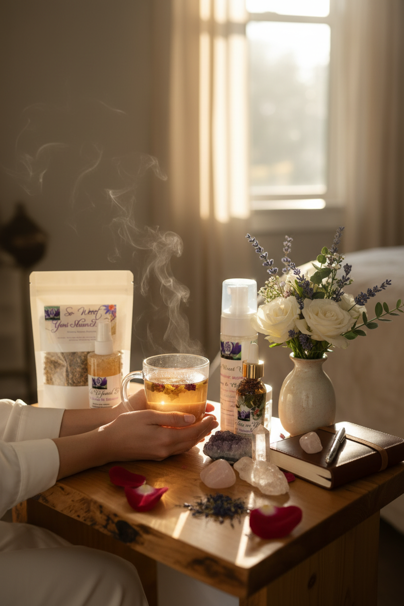 Morning tea ritual with fertility wellness products