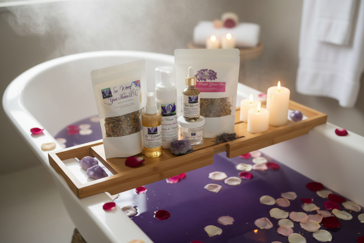 Luxurious bath scene with yoni wellness products
